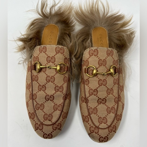 Gucci GG Monogram Horsebit Princetown Mule Slipper Brown Canvas Fur size 36.5 EU - Picture 1 of 7
